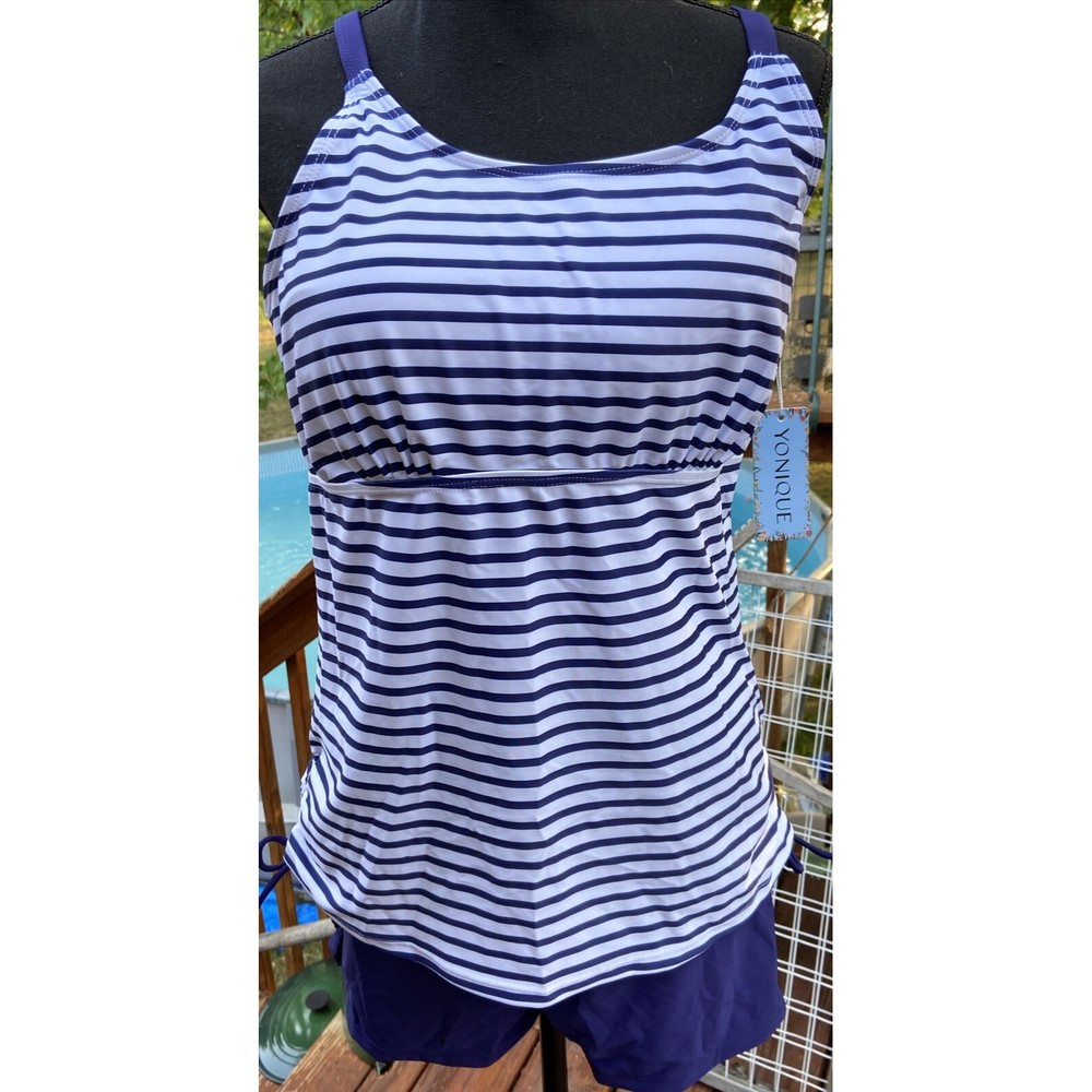 Yonique Tankini Swimsuit Blue & White Striped w/ Blue Boy Shorts Large NWT